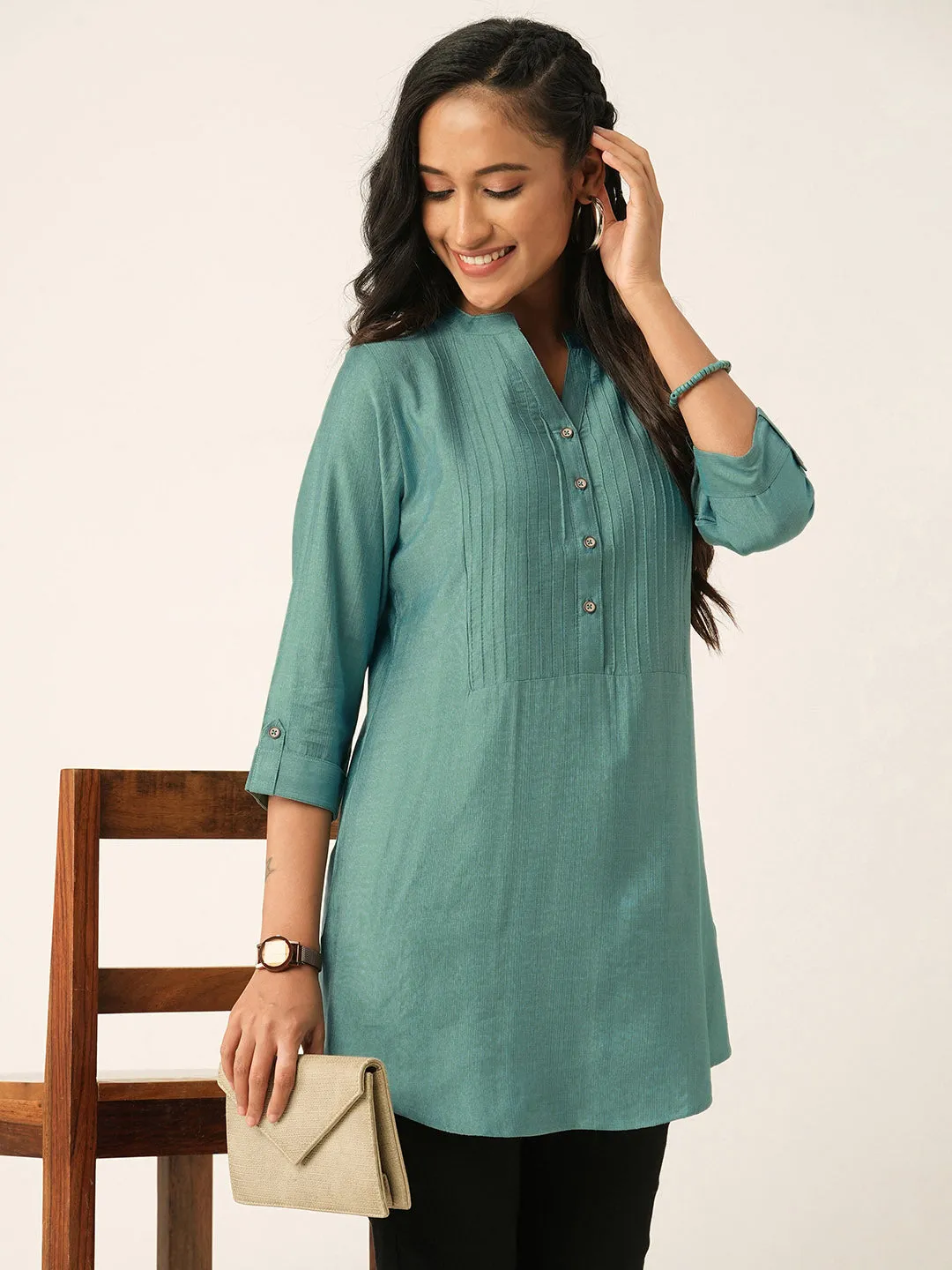Green Comfort Fit Rayon Tunics for Women Online India Hip Length Straight - Zola
