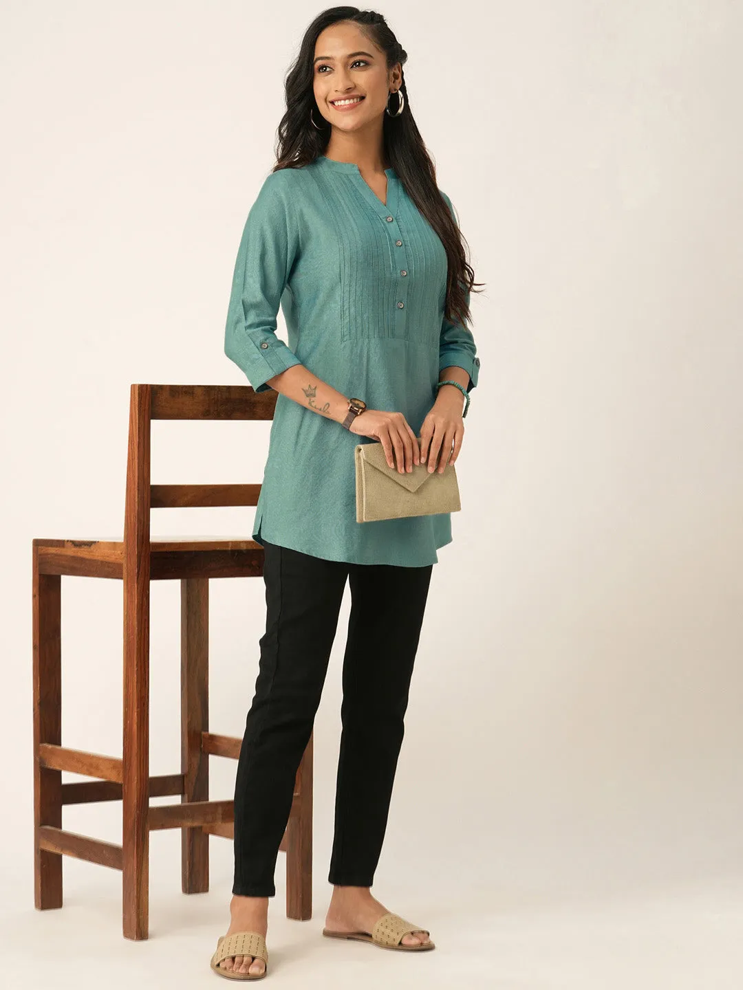 Green Comfort Fit Rayon Tunics for Women Online India Hip Length Straight - Zola