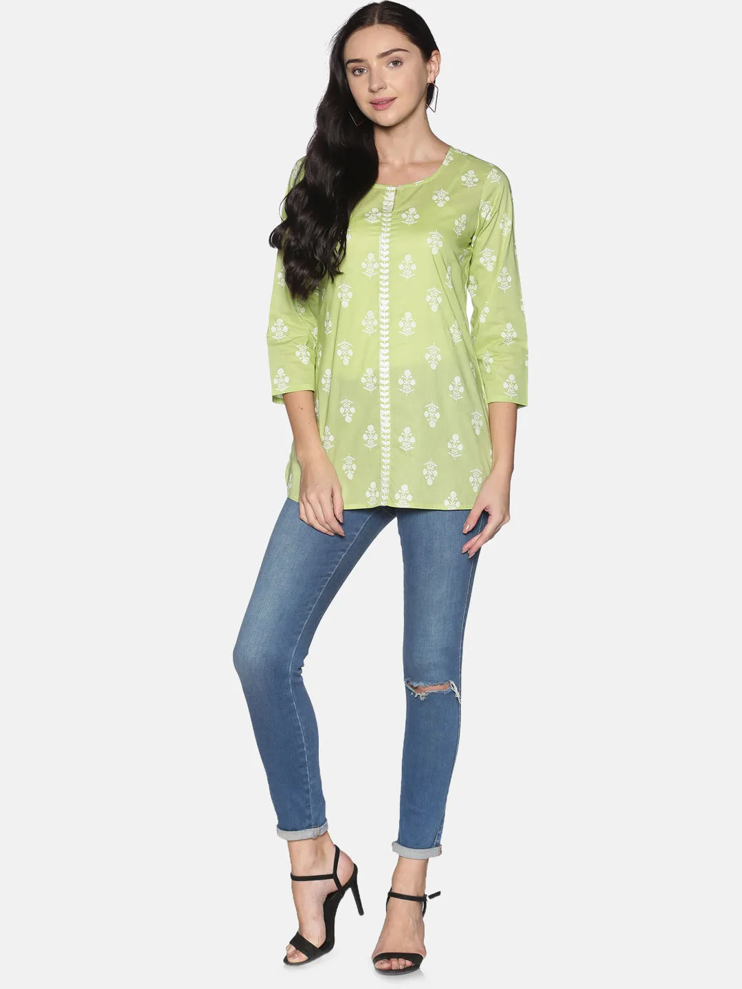 Green Cotton Printed Tunic With Embroidered Placket With Round Hem