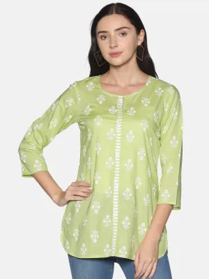 Green Cotton Printed Tunic With Embroidered Placket With Round Hem