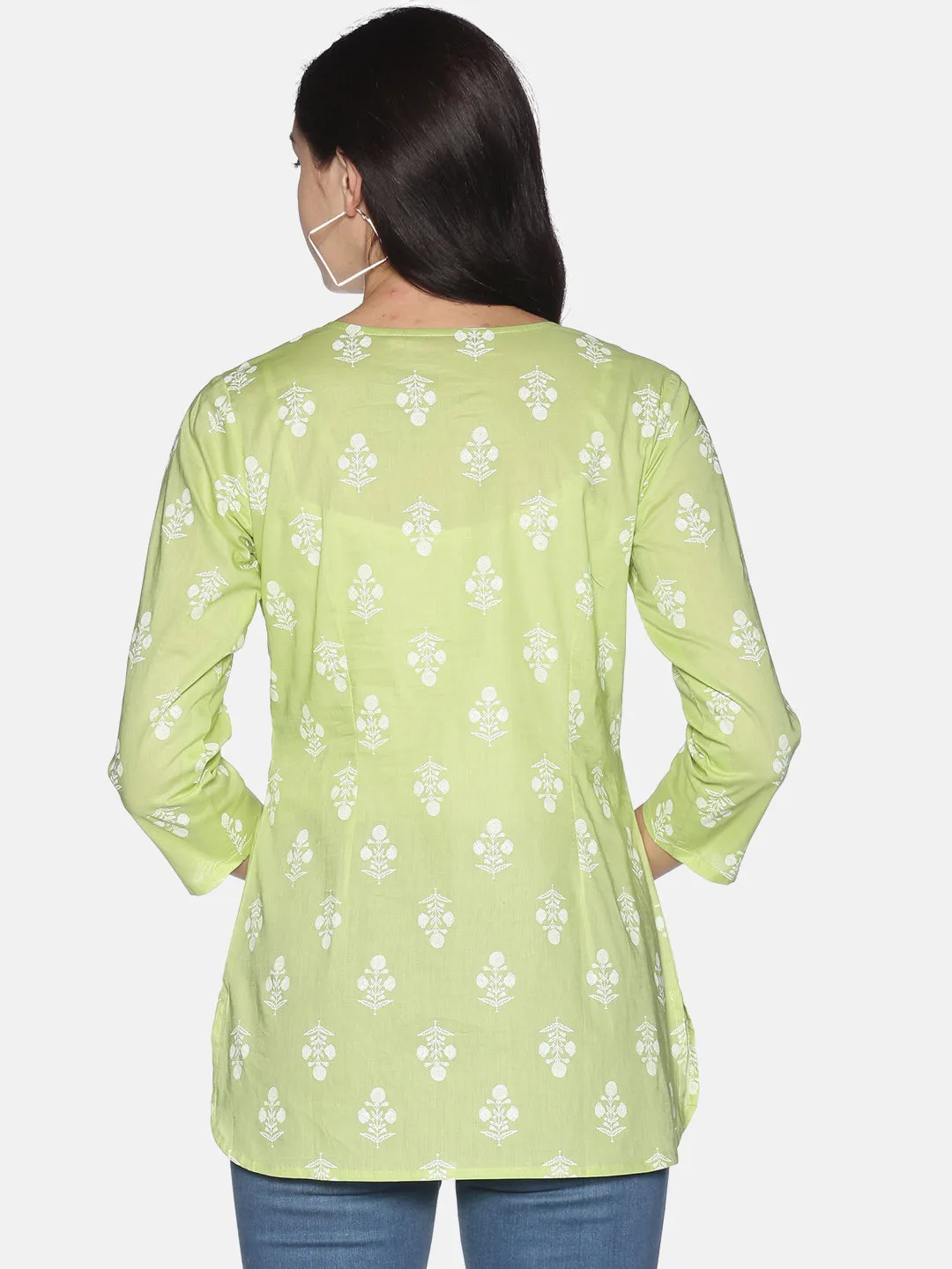 Green Cotton Printed Tunic With Embroidered Placket With Round Hem
