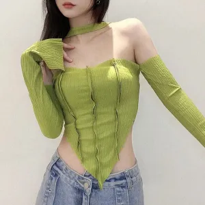 Green Halter Top with Flared Sleeves for Y2K Inspired Style