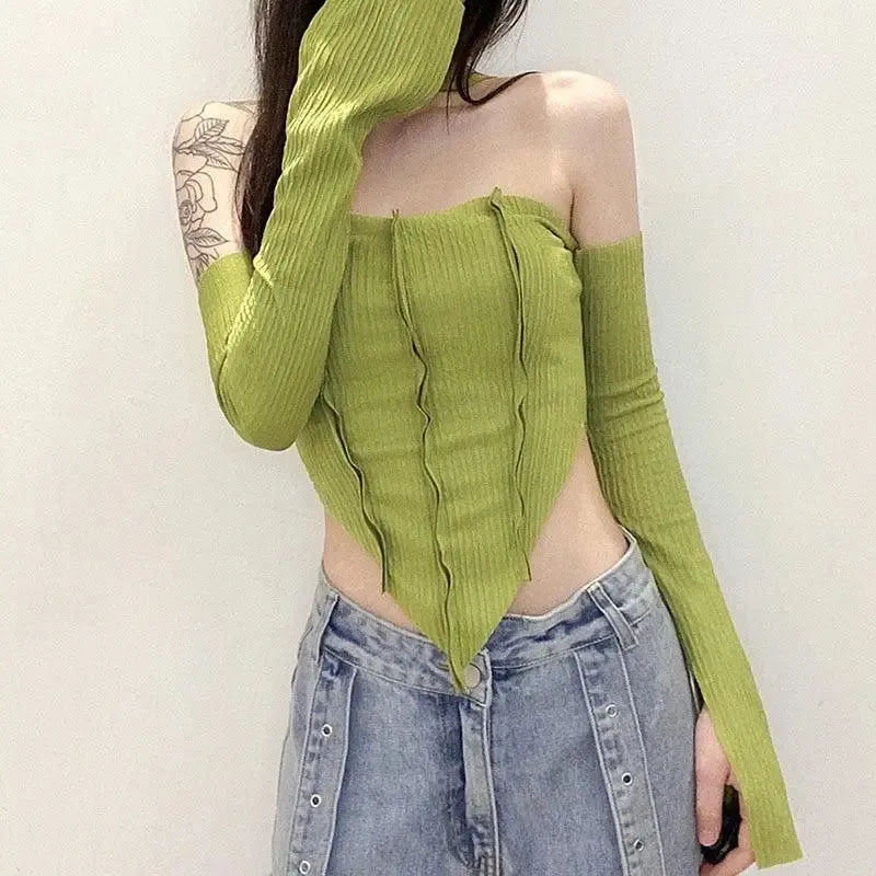 Green Halter Top with Flared Sleeves for Y2K Inspired Style