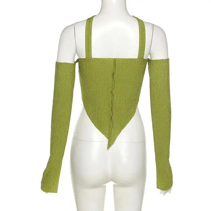 Green Halter Top with Flared Sleeves for Y2K Inspired Style