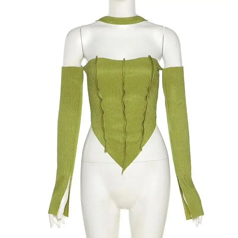 Green Halter Top with Flared Sleeves for Y2K Inspired Style