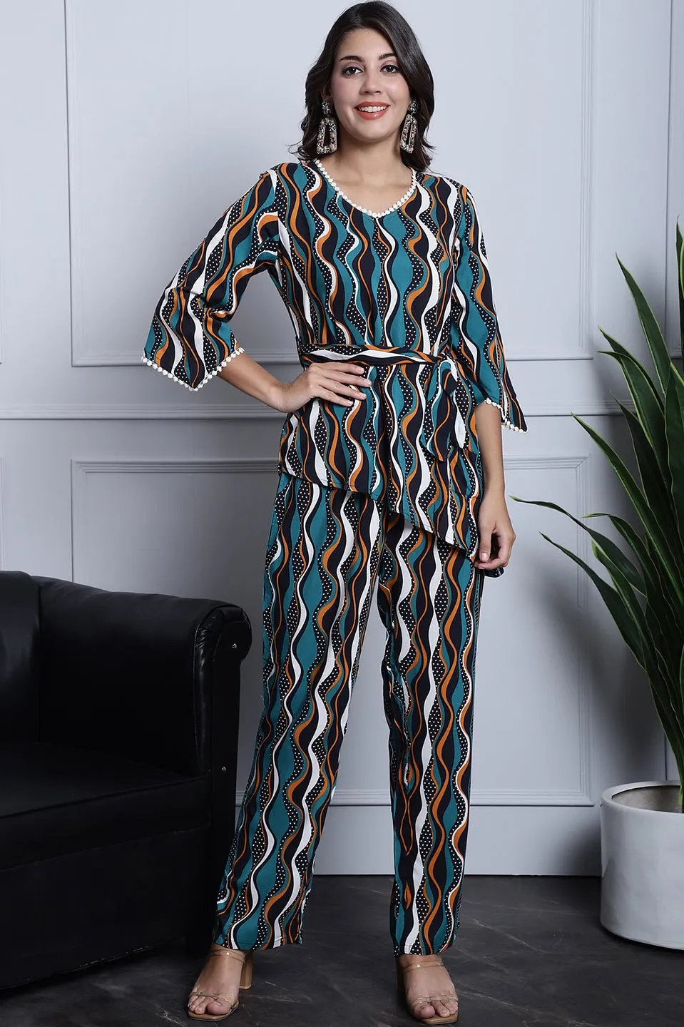 Green, Orange & White Geometric Printed Viscose Rayon Co-Ord Set for Women | S-XXL | Claura