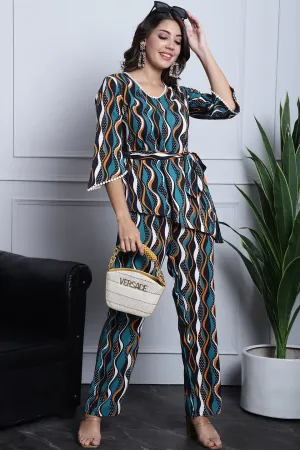 Green, Orange & White Geometric Printed Viscose Rayon Co-Ord Set for Women | S-XXL | Claura