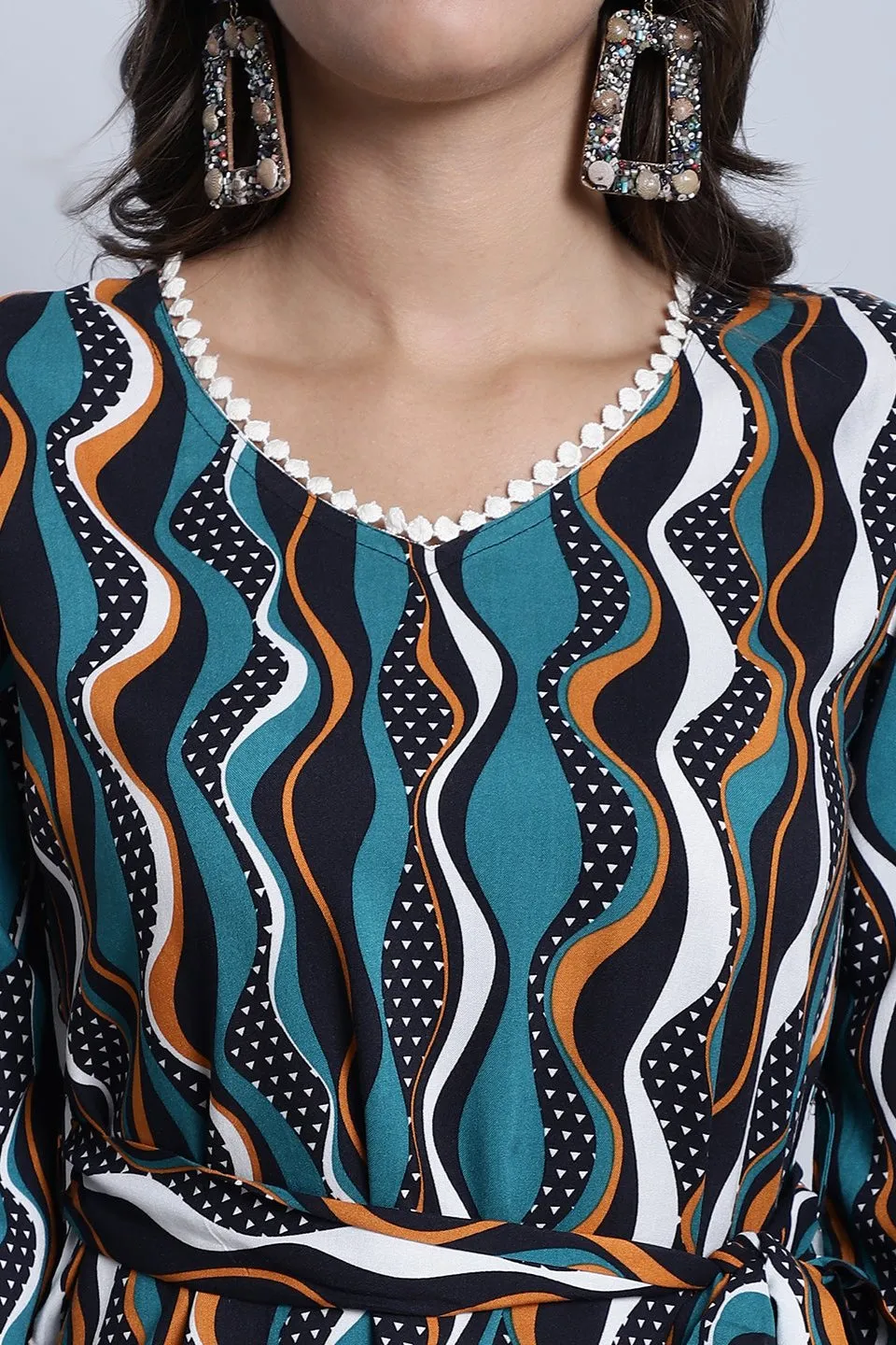 Green, Orange & White Geometric Printed Viscose Rayon Co-Ord Set for Women | S-XXL | Claura