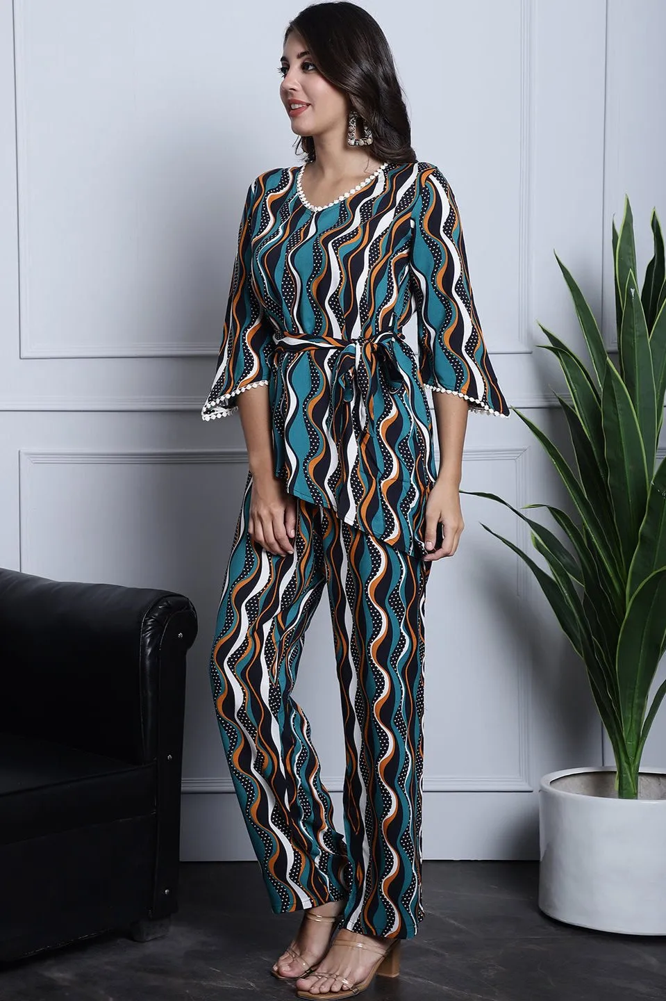 Green, Orange & White Geometric Printed Viscose Rayon Co-Ord Set for Women | S-XXL | Claura