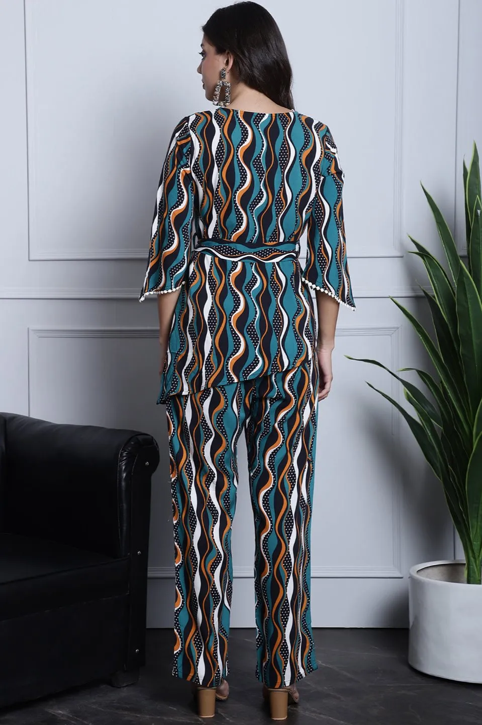 Green, Orange & White Geometric Printed Viscose Rayon Co-Ord Set for Women | S-XXL | Claura