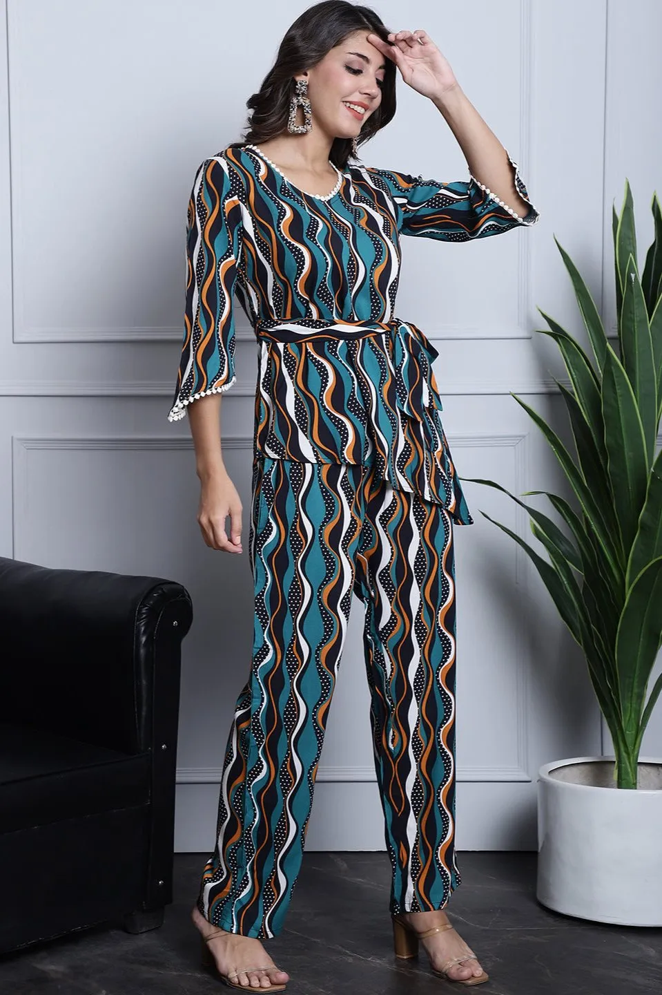 Green, Orange & White Geometric Printed Viscose Rayon Co-Ord Set for Women | S-XXL | Claura