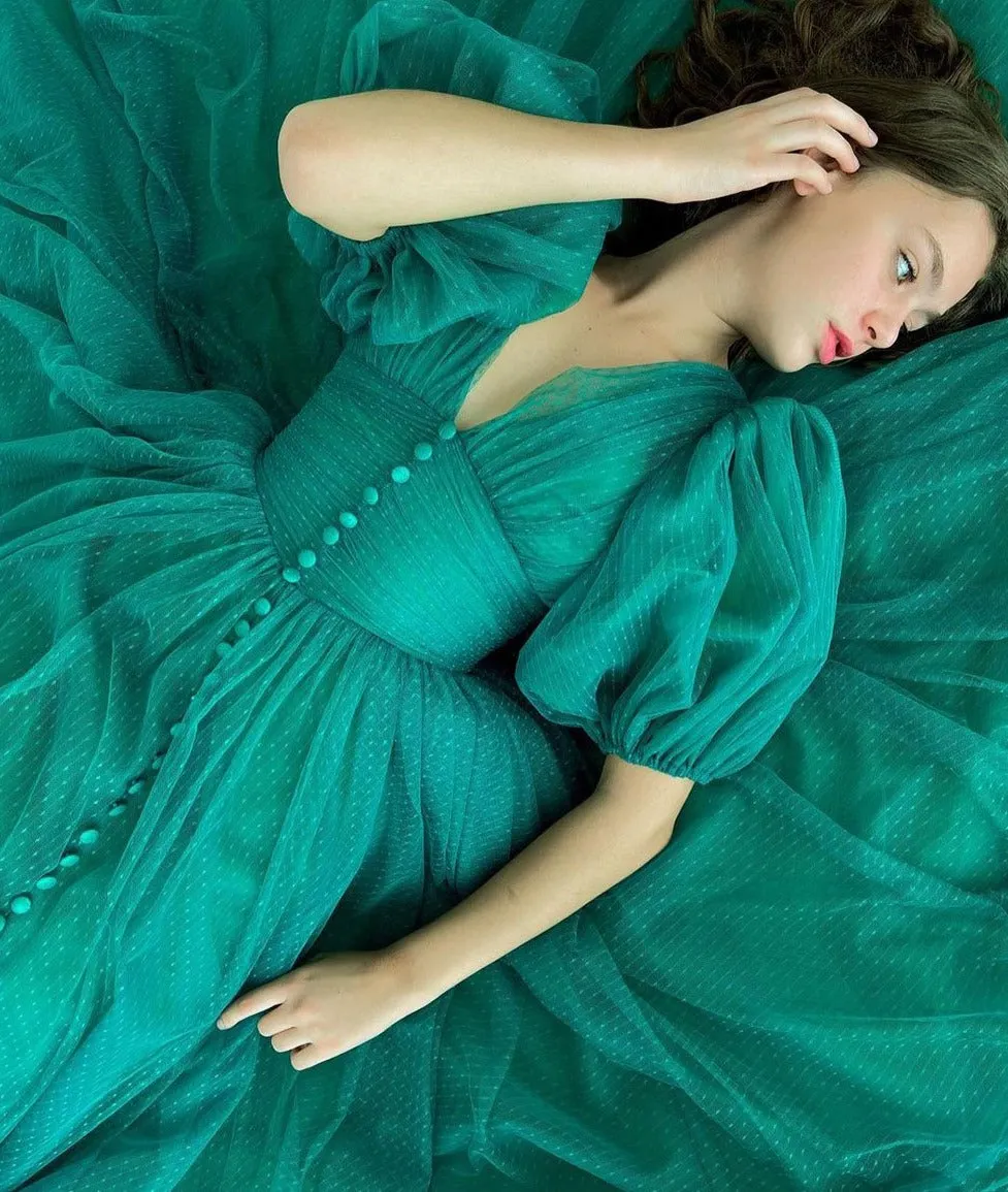 Green Puffy Sleeves Plus size Evening Dresses Gowns