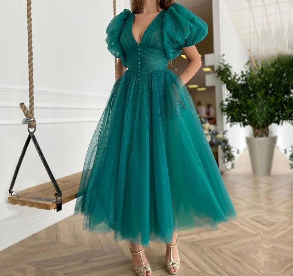 Green Puffy Sleeves Plus size Evening Dresses Gowns