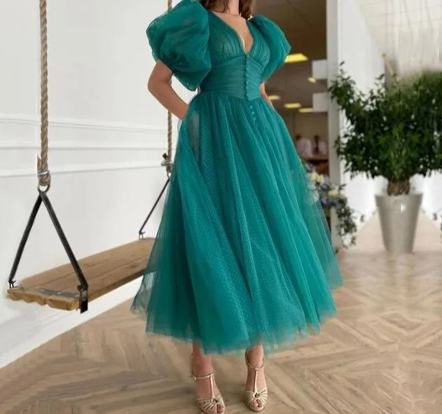 Green Puffy Sleeves Plus size Evening Dresses Gowns