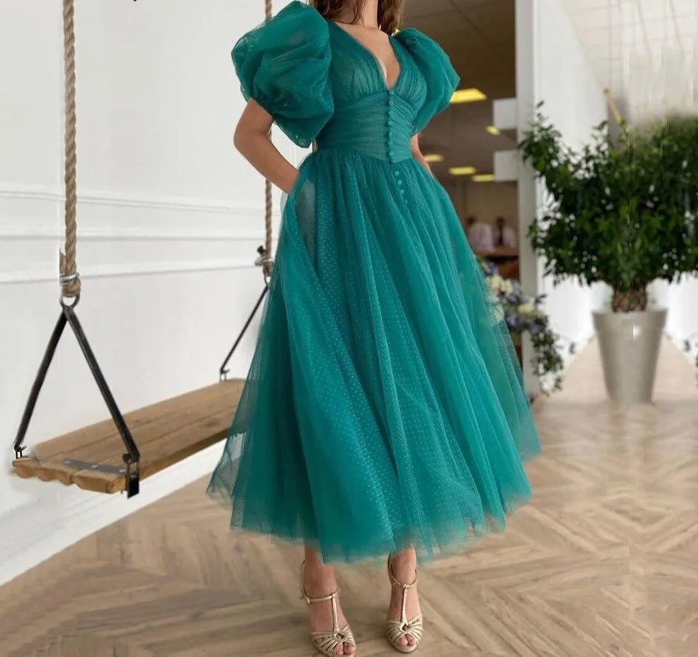 Green Puffy Sleeves Plus size Evening Dresses Gowns