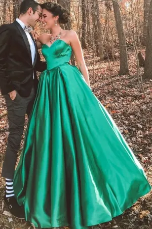 Green Satin Floor-length Formal Dress Prom with Box Pleats Skirt