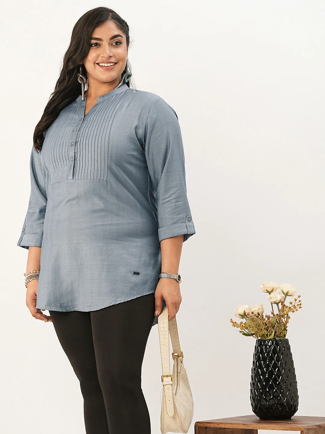 Grey Comfort Fit Rayon Tunics for Women Online India Hip Length Straight - Zola