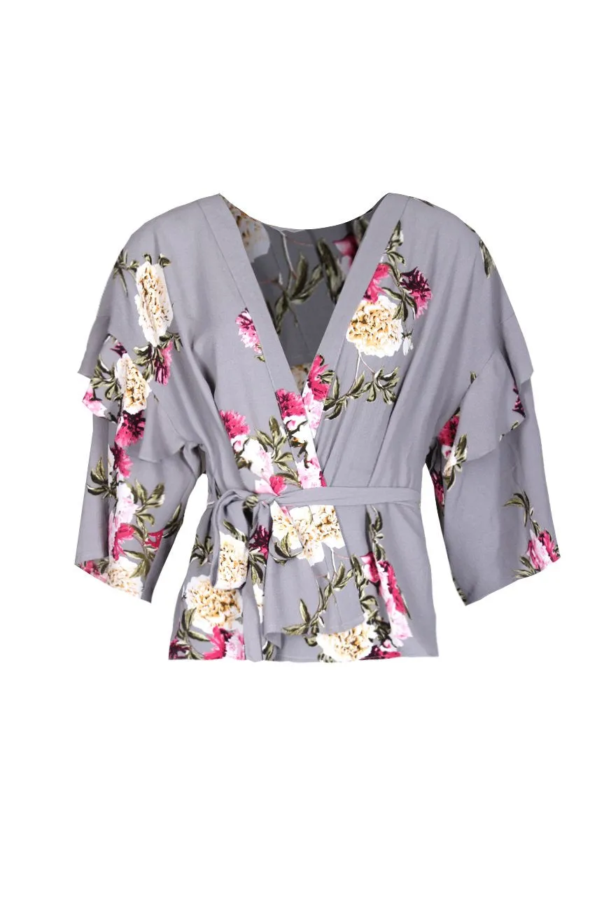Grey Floral Print Wrap Top