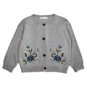 Grey Melange Floral Embroidered Cardigan