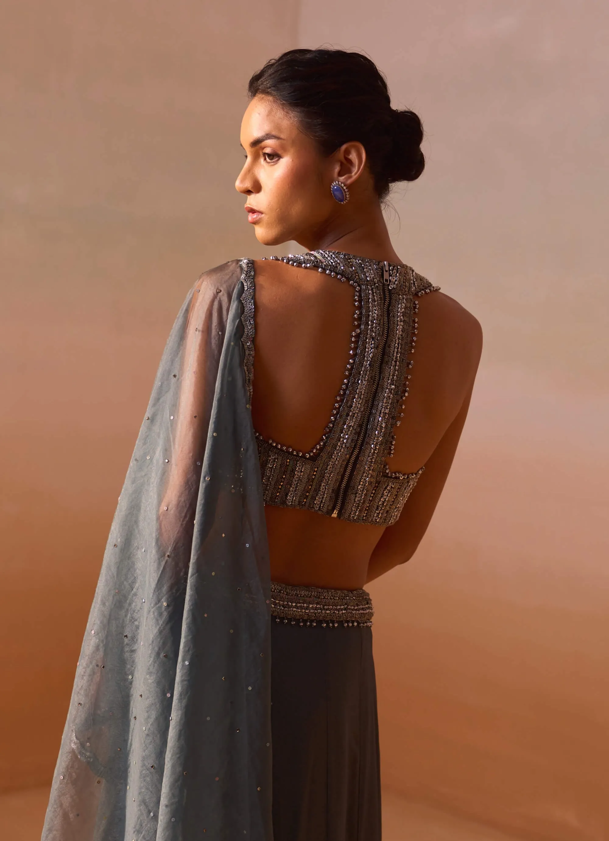 Grey shimmer draped sari and blouse