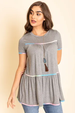 Grey Tiered Top with Rainbow Trim