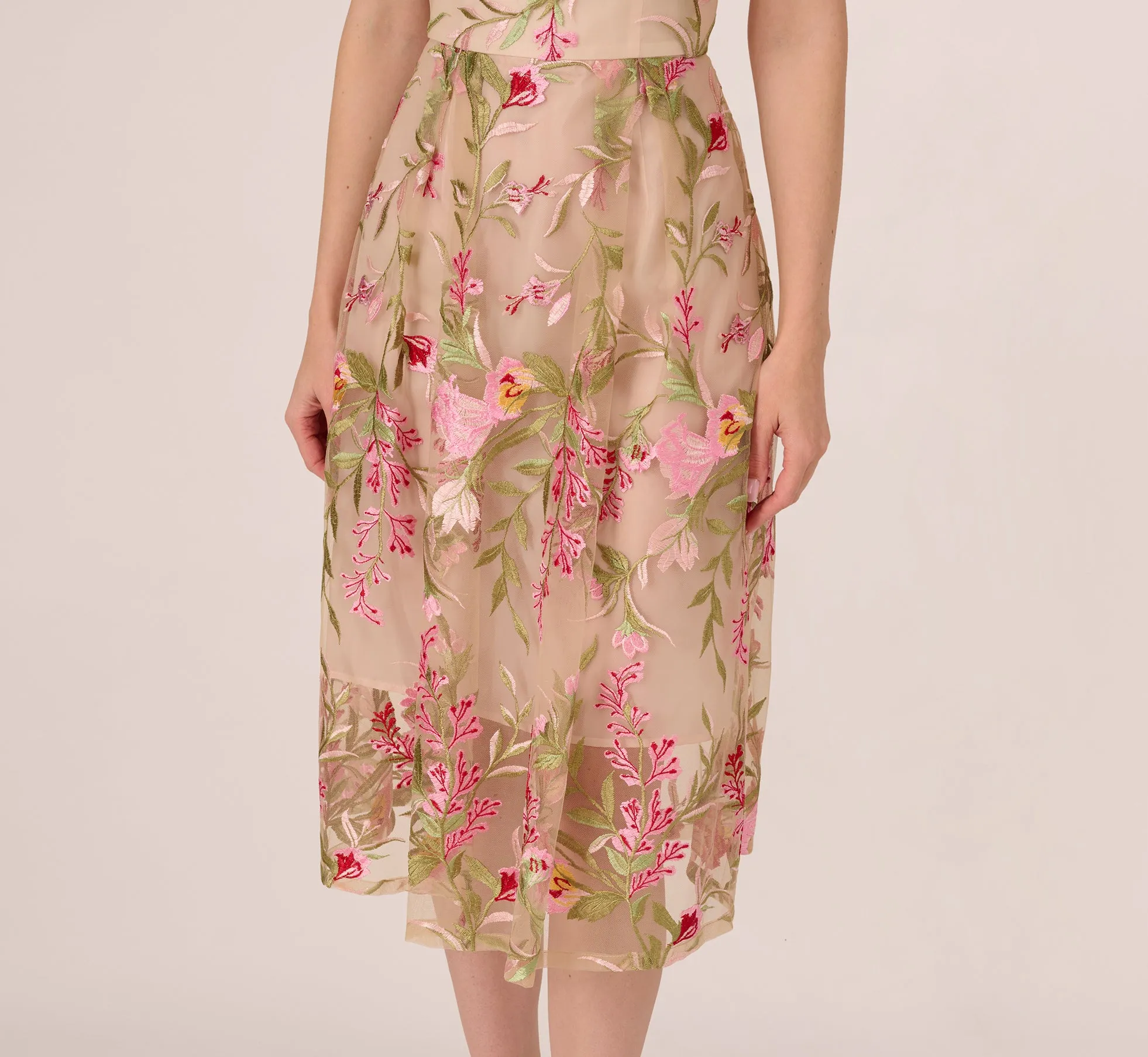 Halter Floral Embroidered Illusion Midi Dress In Pink Multi