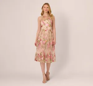 Halter Floral Embroidered Illusion Midi Dress In Pink Multi