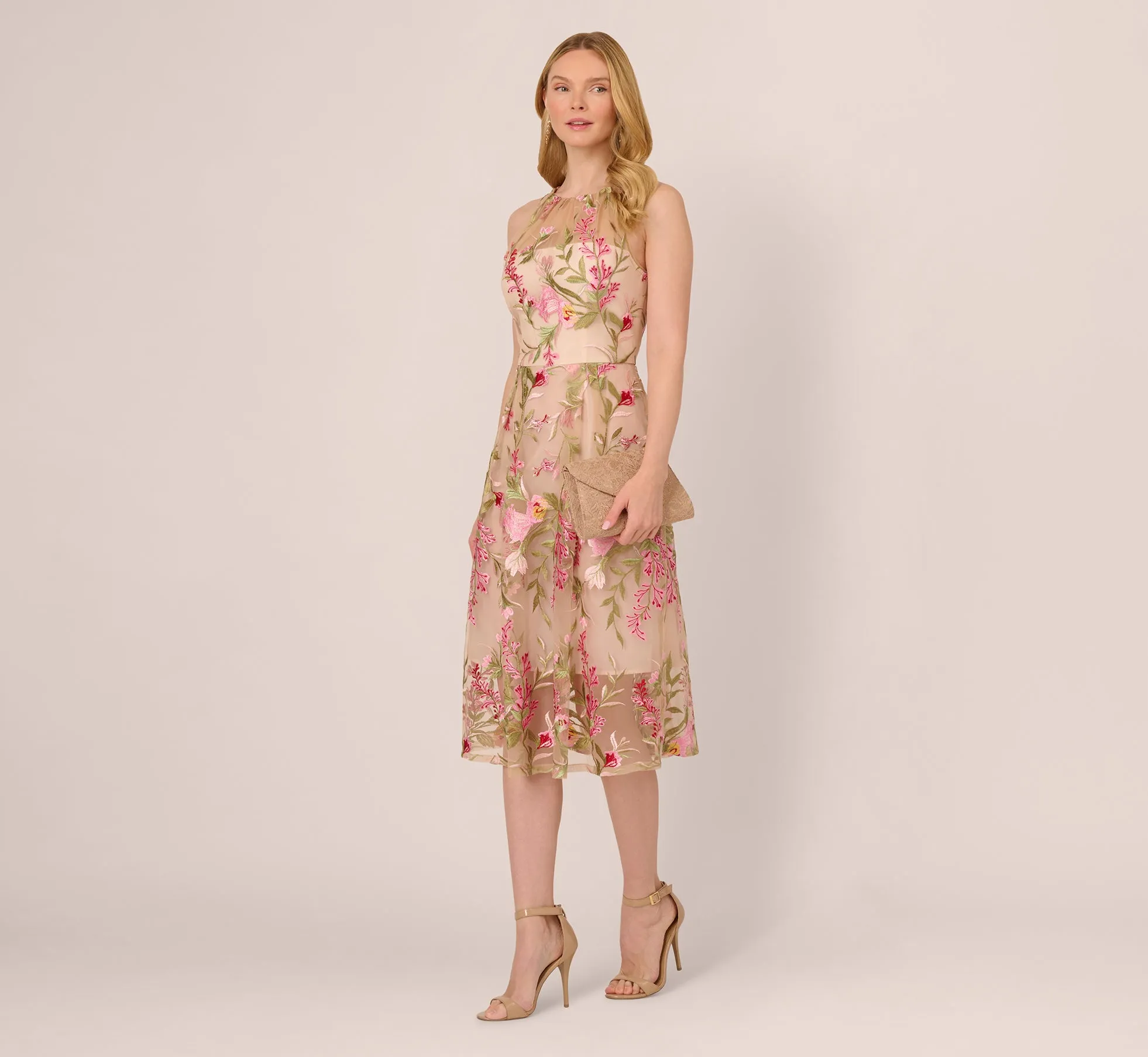 Halter Floral Embroidered Illusion Midi Dress In Pink Multi