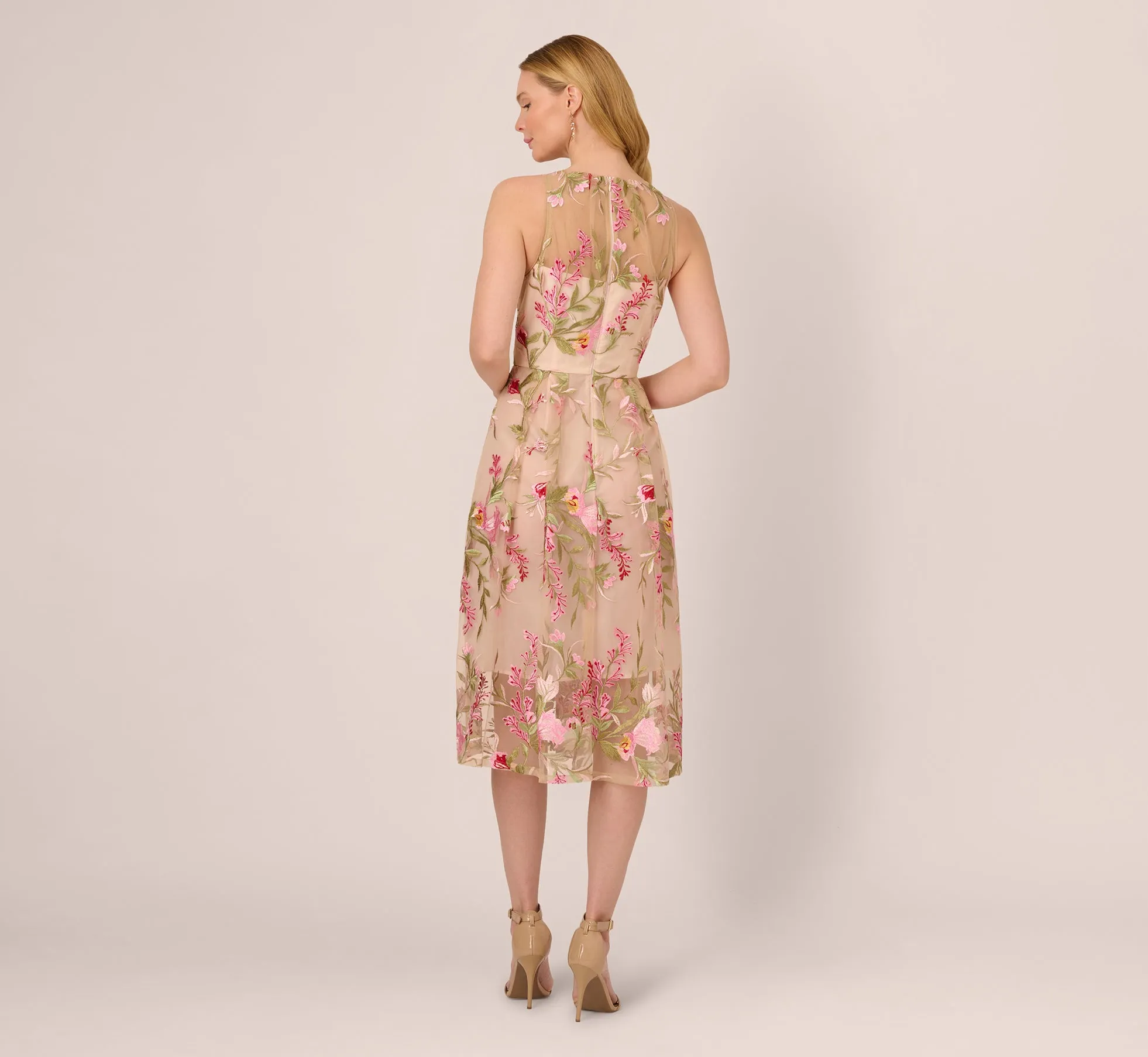Halter Floral Embroidered Illusion Midi Dress In Pink Multi