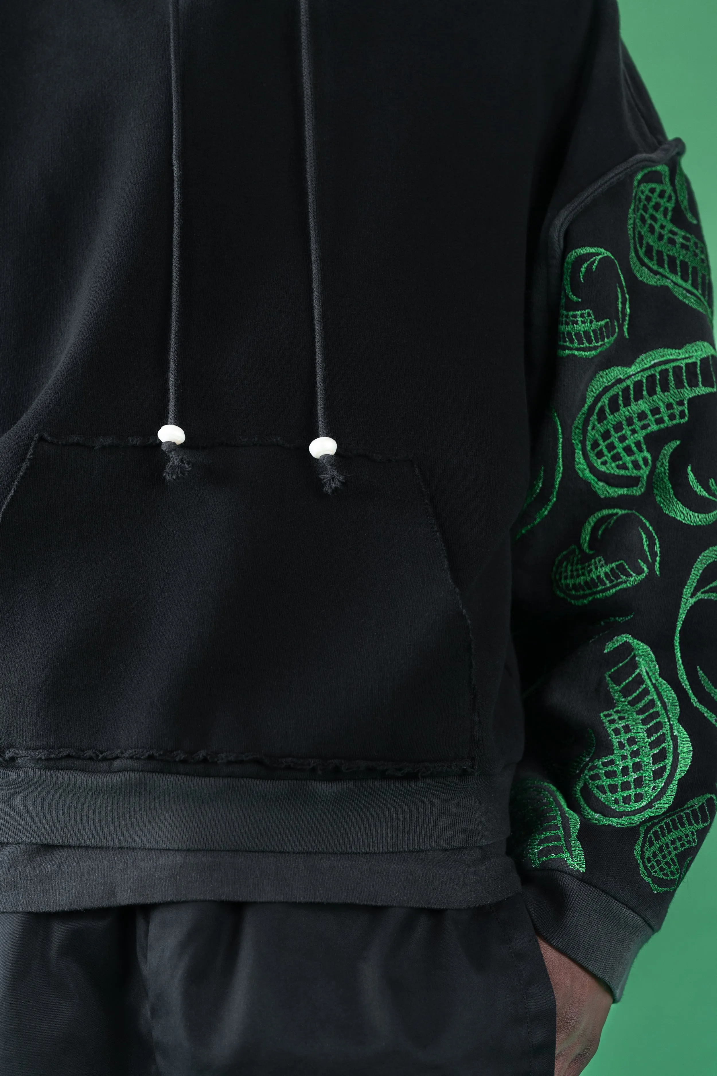 HEART EMBROIDERED HOODIE WITH FRESHWATER PEARLS ON STRING