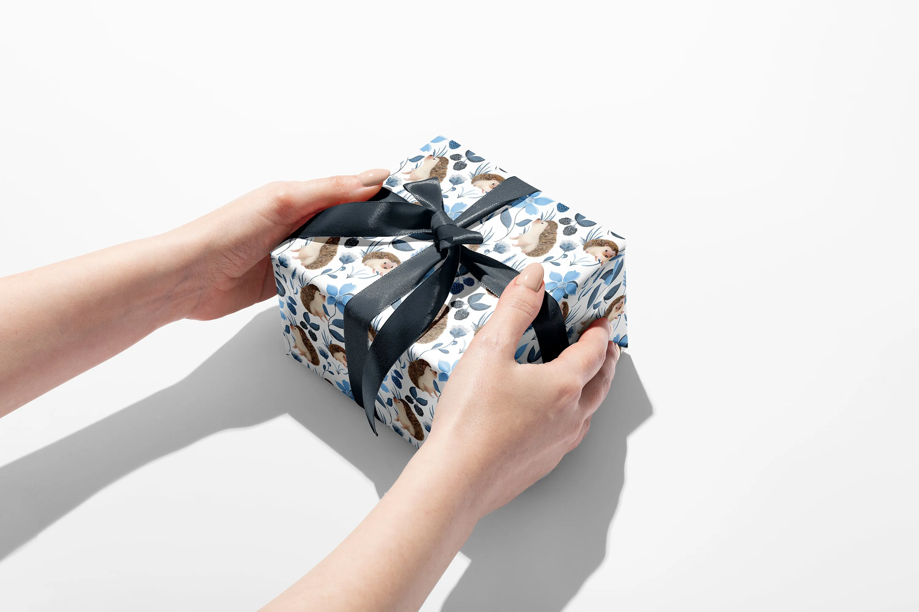 Hedgehog Floral Wrapping Paper in SKY