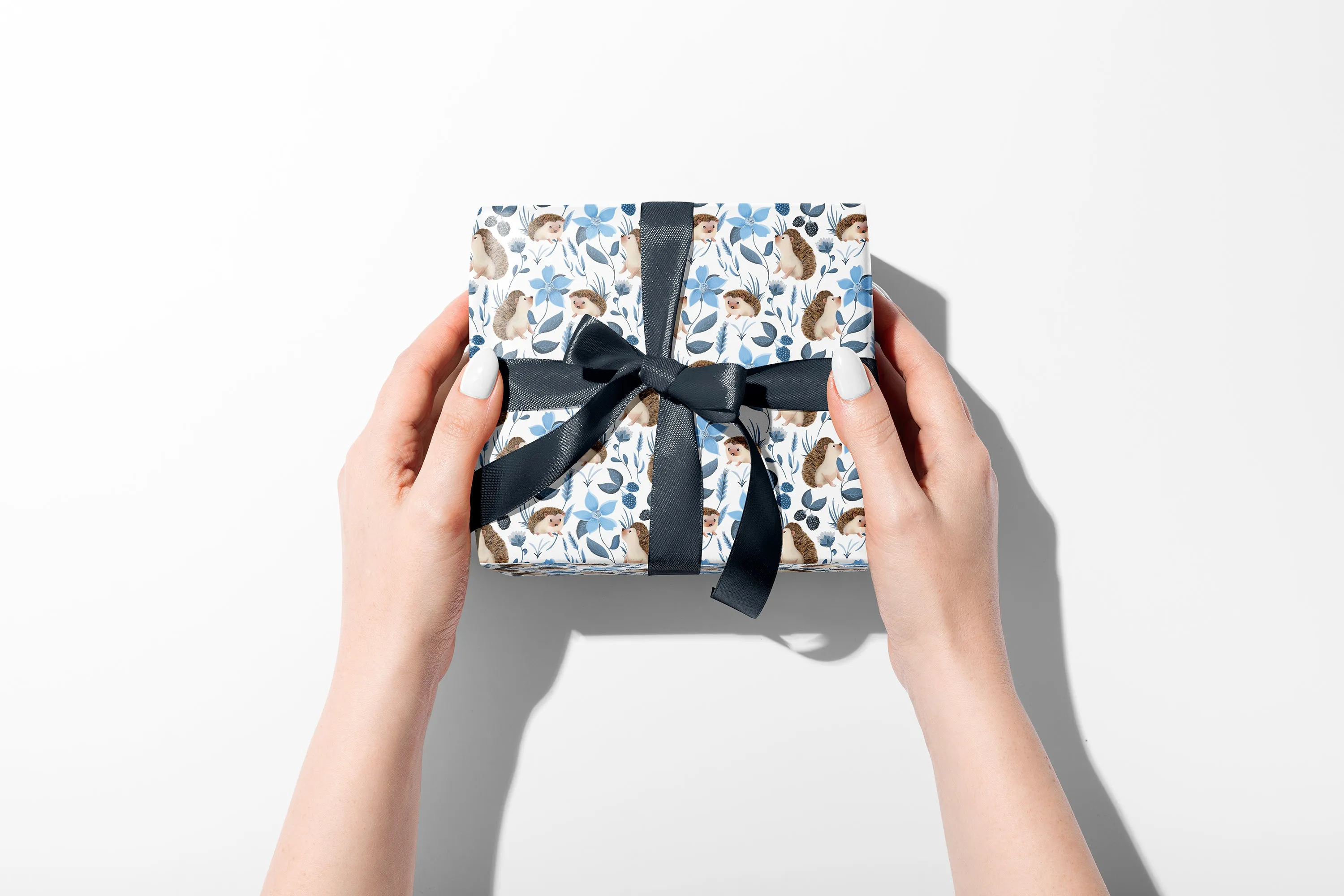 Hedgehog Floral Wrapping Paper in SKY