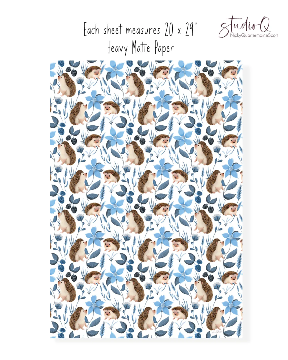 Hedgehog Floral Wrapping Paper in SKY