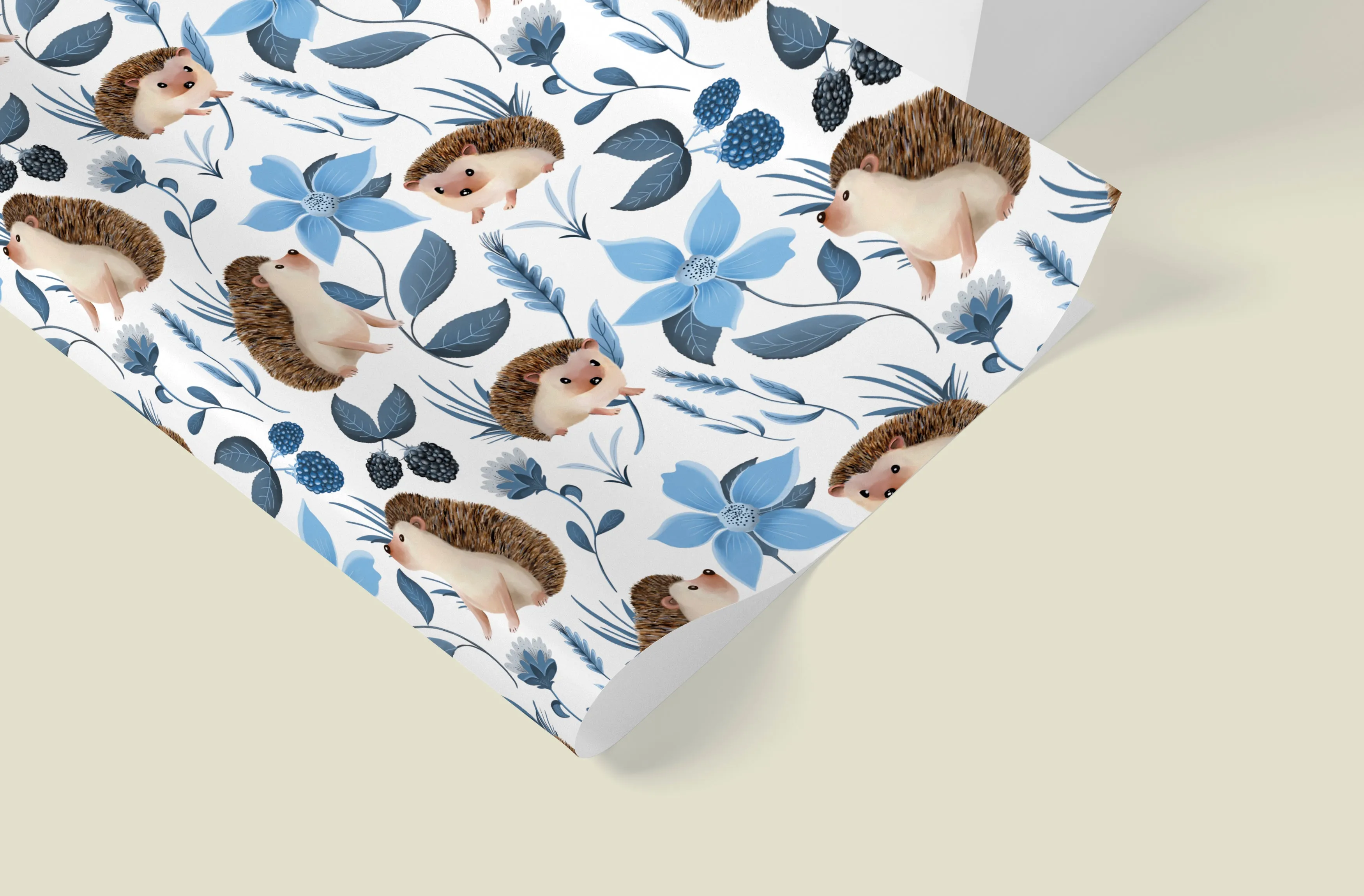 Hedgehog Floral Wrapping Paper in SKY