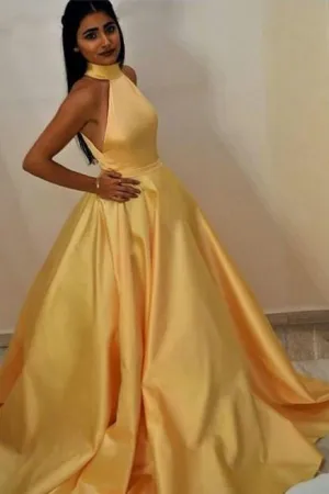 High Neck Yellow Prom Gown with Satin Full Skirt