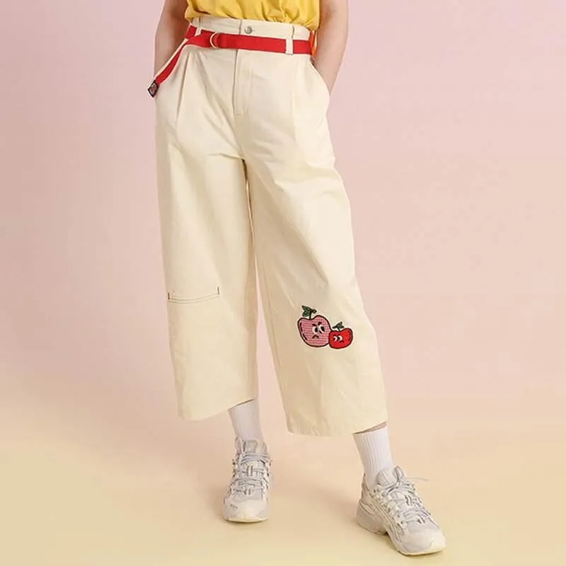 High-Waist Cotton Capris with Cartoon Fruit Embroidery