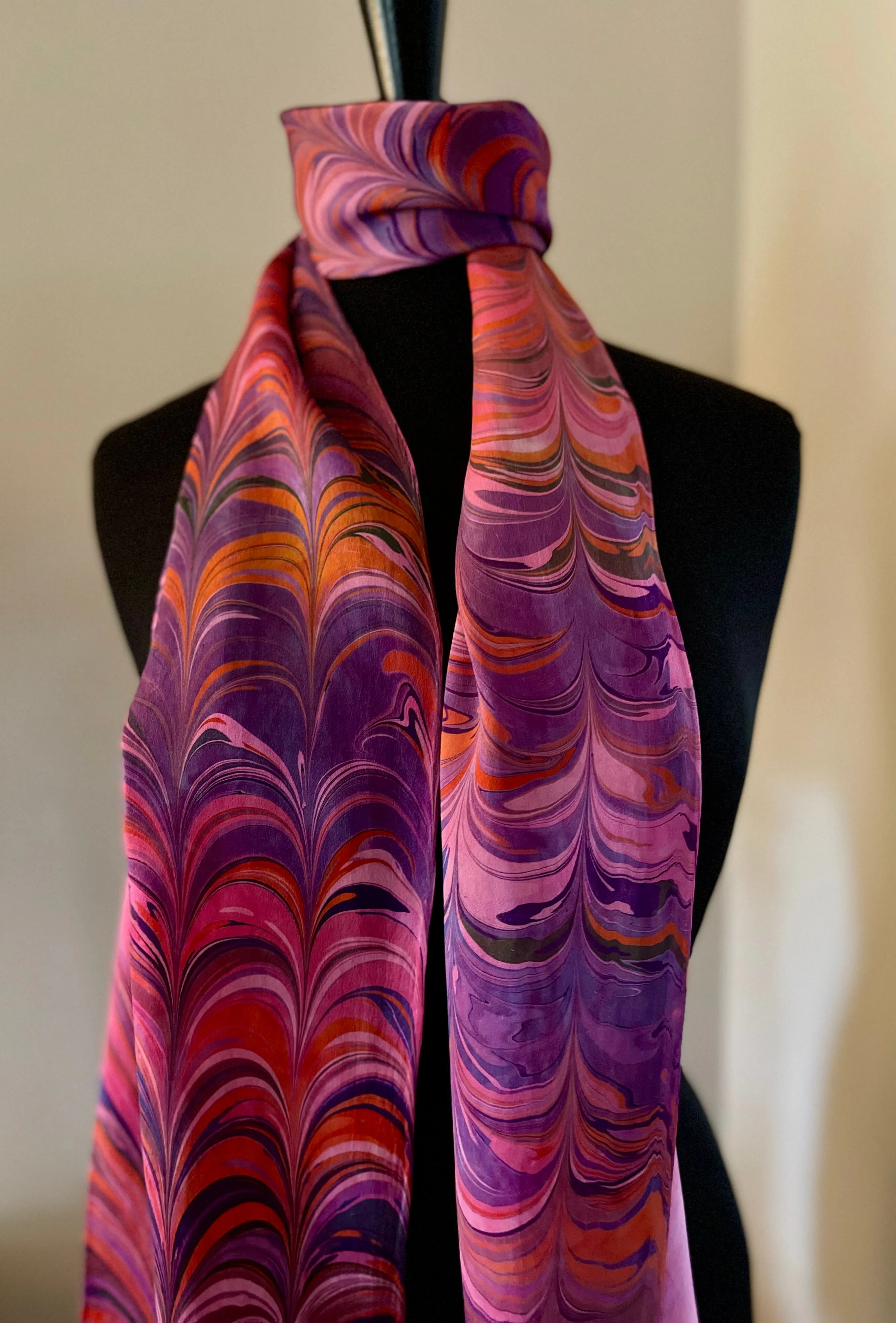 Hot Pink Big Stripes marbled Charmeuse  Silk 72x14” bold fun. This beautiful silk makes a unique dresser cover and scarf