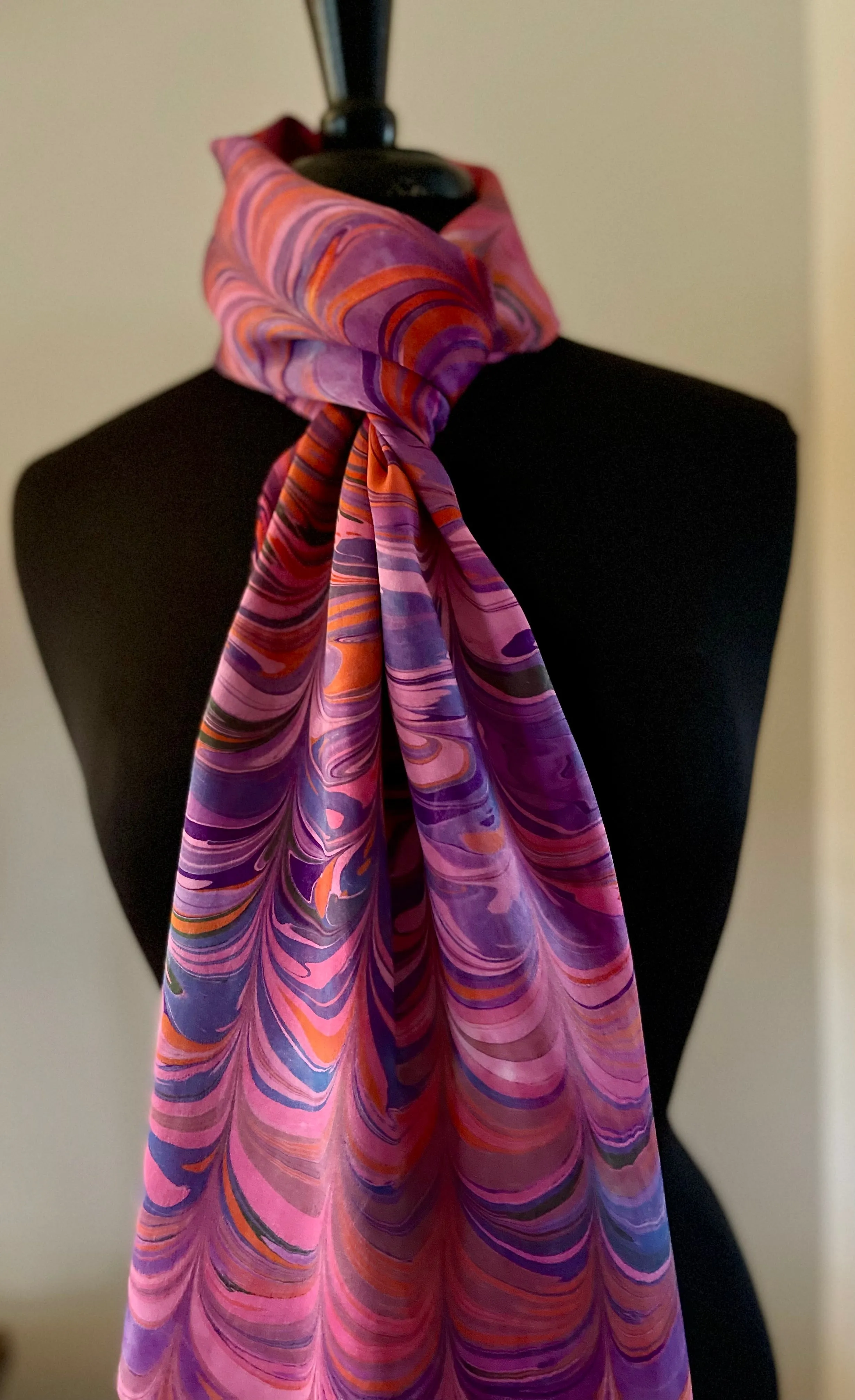 Hot Pink Big Stripes marbled Charmeuse  Silk 72x14” bold fun. This beautiful silk makes a unique dresser cover and scarf