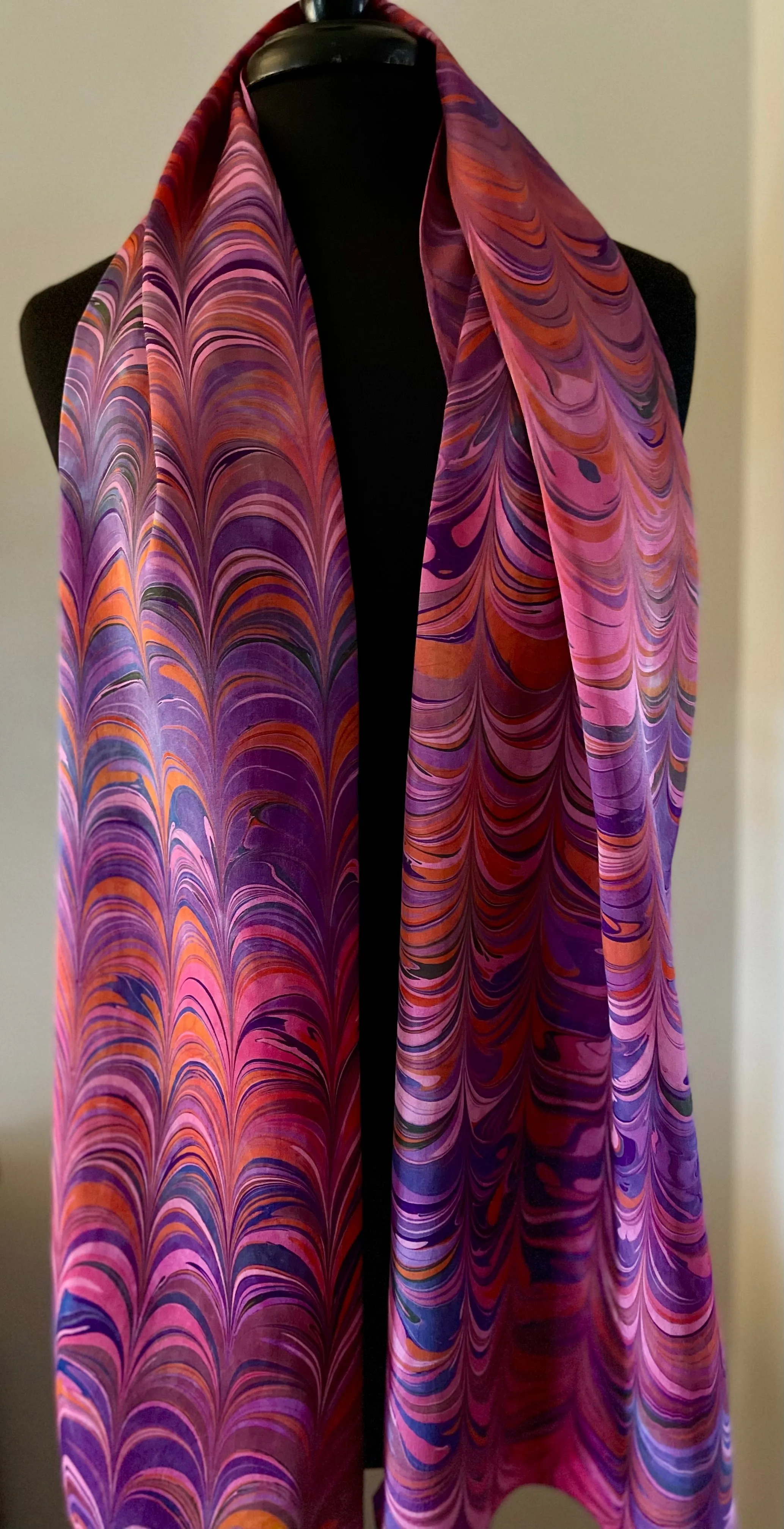 Hot Pink Big Stripes marbled Charmeuse  Silk 72x14” bold fun. This beautiful silk makes a unique dresser cover and scarf