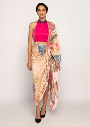Hot pink halter blouse and draped sari