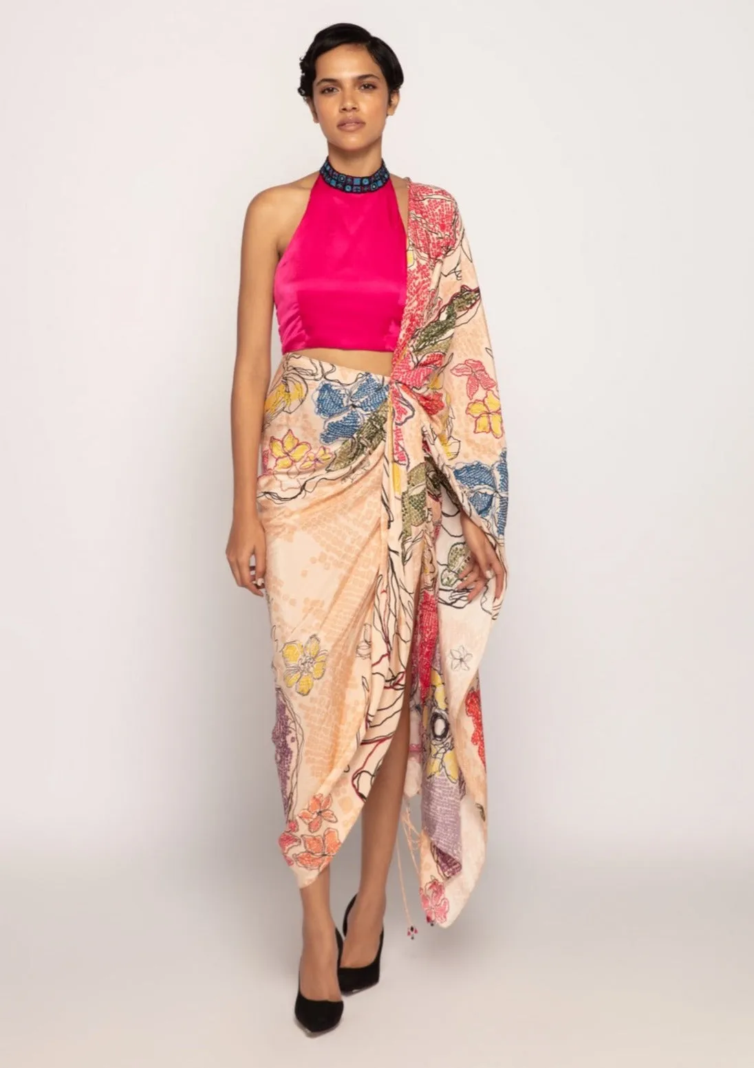 Hot pink halter blouse and draped sari