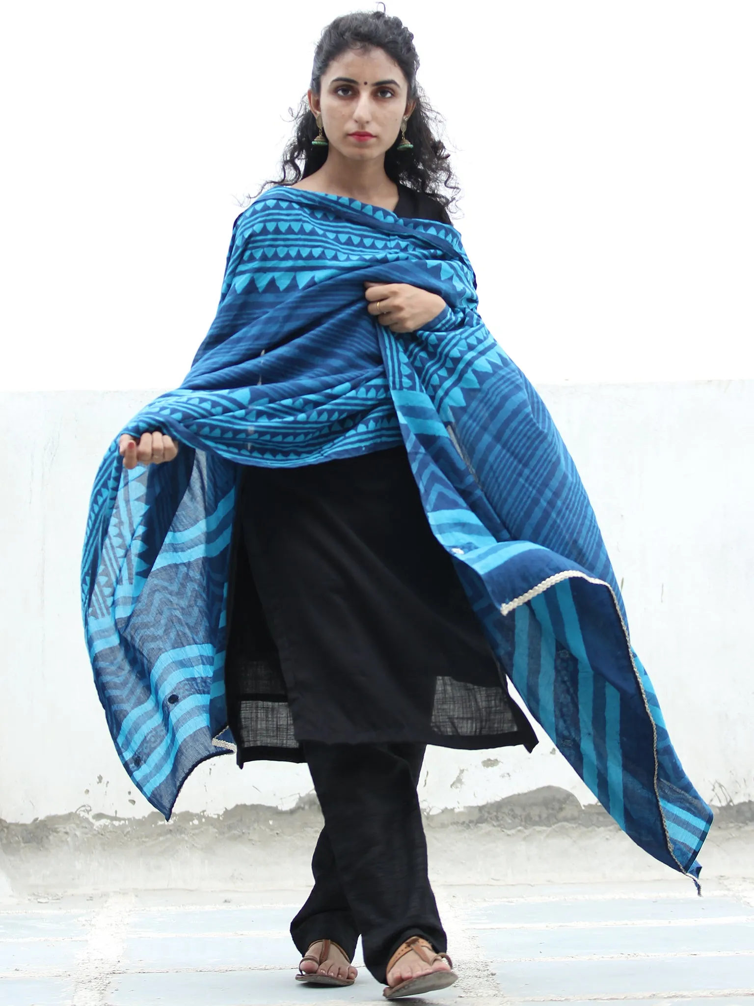 Indigo Blue Handloom Cotton Hand Block Printed Dupatta With Mirror Work - D04170385