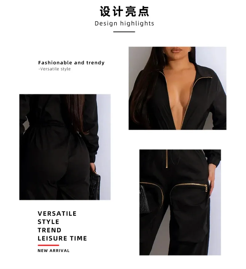 INS Cargo Jumpsuits Women Spring Clothing Solid Zipper Fly Big Pockets Long Rompers Playsuits One Pieces Pants Overalls Outfits