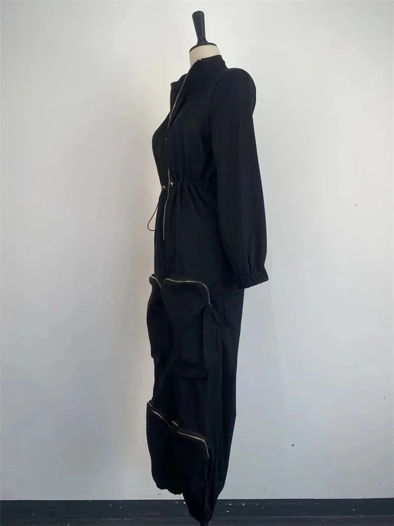 INS Cargo Jumpsuits Women Spring Clothing Solid Zipper Fly Big Pockets Long Rompers Playsuits One Pieces Pants Overalls Outfits