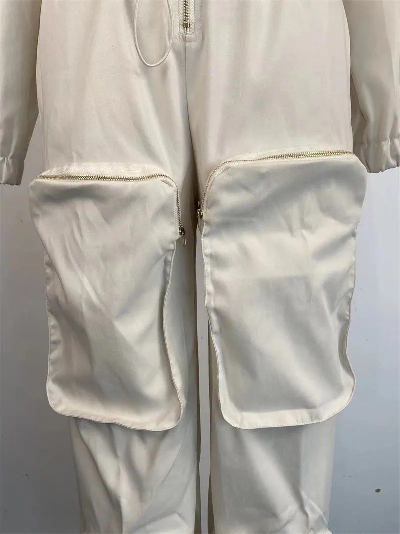 INS Cargo Jumpsuits Women Spring Clothing Solid Zipper Fly Big Pockets Long Rompers Playsuits One Pieces Pants Overalls Outfits