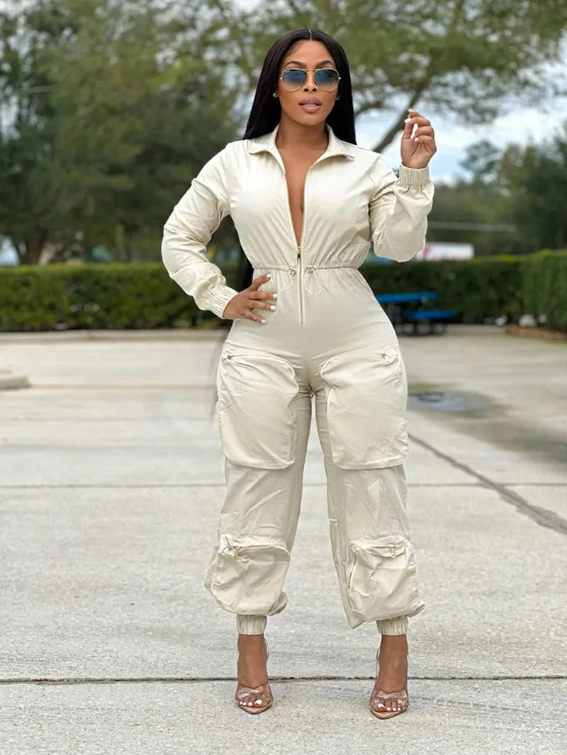 INS Cargo Jumpsuits Women Spring Clothing Solid Zipper Fly Big Pockets Long Rompers Playsuits One Pieces Pants Overalls Outfits