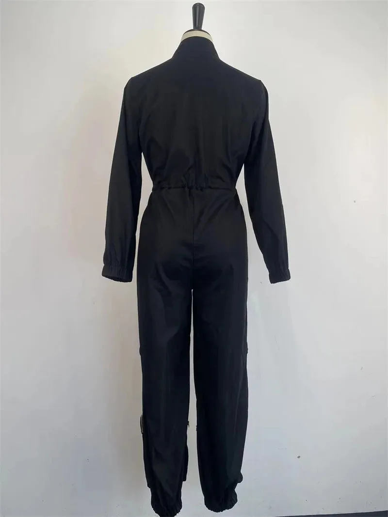 INS Cargo Jumpsuits Women Spring Clothing Solid Zipper Fly Big Pockets Long Rompers Playsuits One Pieces Pants Overalls Outfits