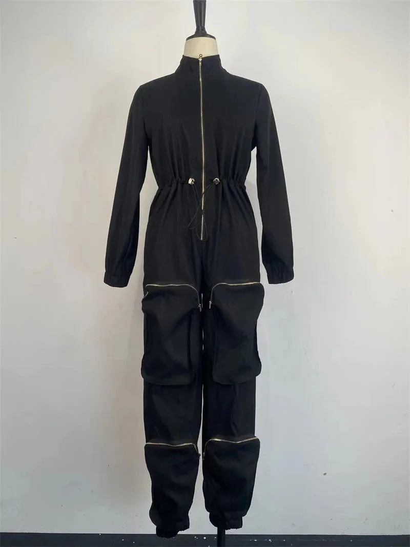 INS Cargo Jumpsuits Women Spring Clothing Solid Zipper Fly Big Pockets Long Rompers Playsuits One Pieces Pants Overalls Outfits