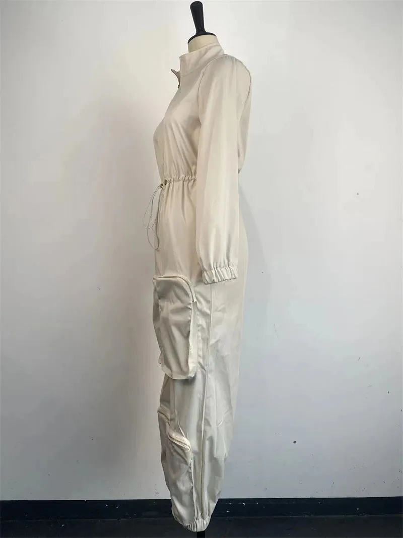 INS Cargo Jumpsuits Women Spring Clothing Solid Zipper Fly Big Pockets Long Rompers Playsuits One Pieces Pants Overalls Outfits