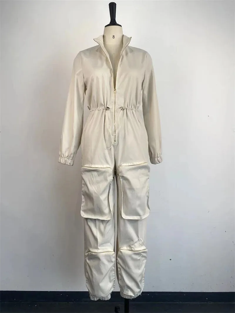 INS Cargo Jumpsuits Women Spring Clothing Solid Zipper Fly Big Pockets Long Rompers Playsuits One Pieces Pants Overalls Outfits